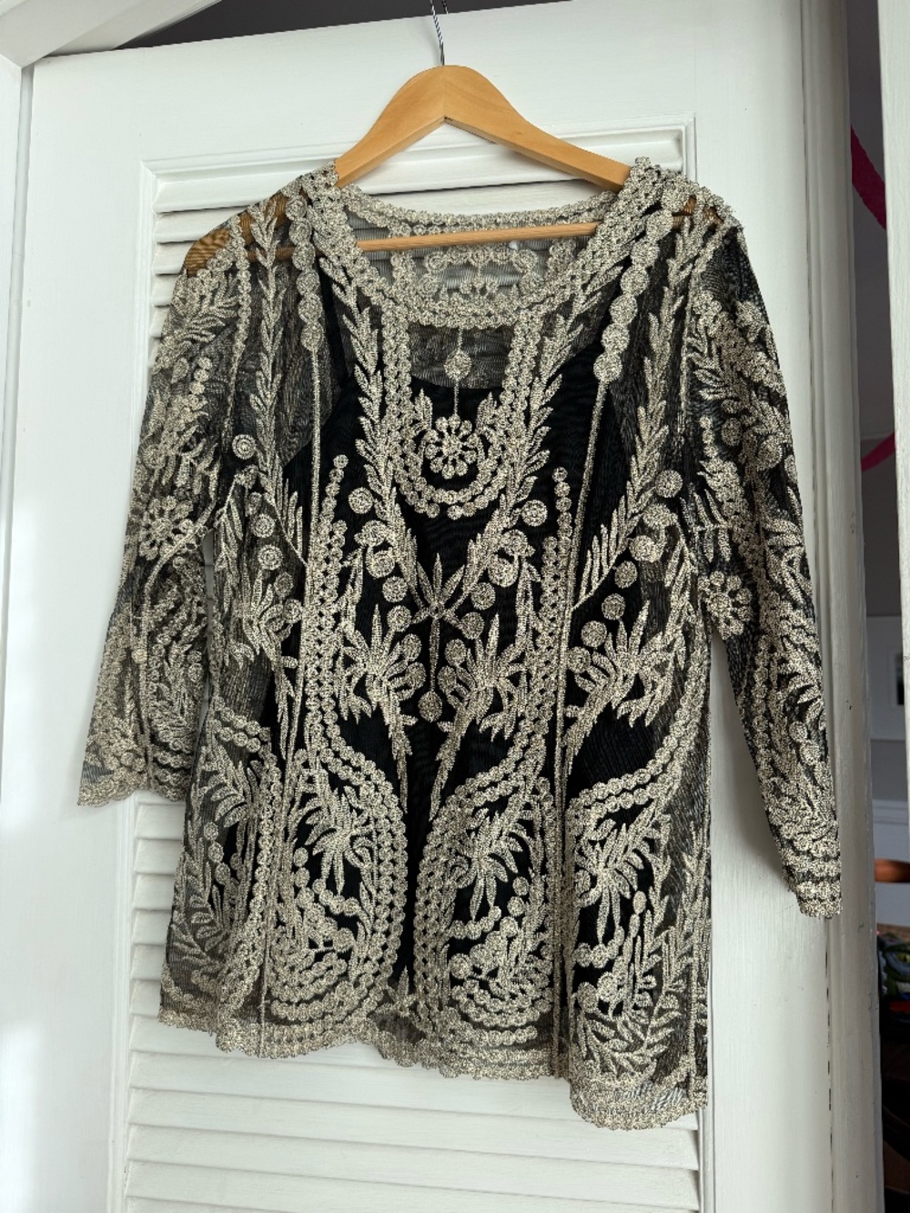 Vintage Black Sheer Embroidered Lace Illusion Top Attached Cami S/M Boho Romanti